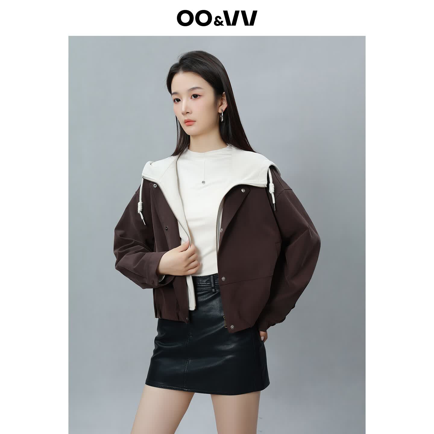 OO&VV2025年秋装新款撞色拼接连帽外套女设计时尚百搭显瘦上衣假期出游 摩卡棕 M
