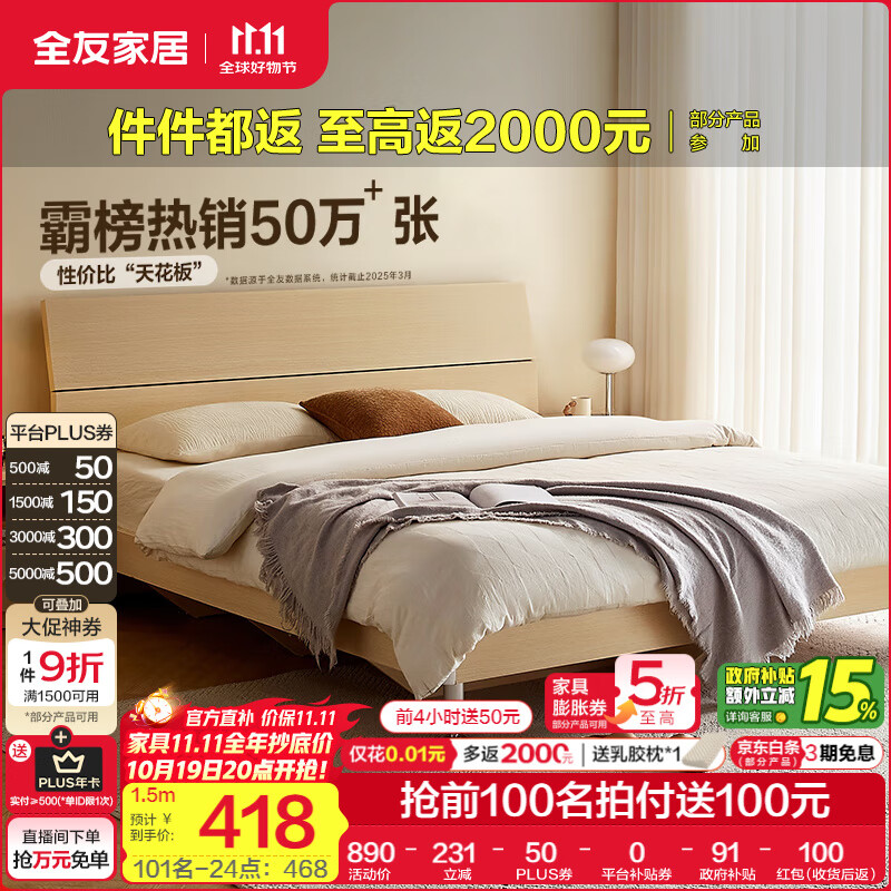全友家居现代简约高箱储物收纳床主卧1.8米x2米双人大床家具政府补贴 【原木色 | 高脚】单床 1.5x2米【爆款+性价比超高】