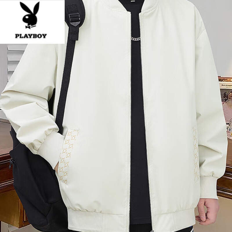 花花公子（PLAYBOY）春秋季夹克男士新款立领潮牌休闲感痞帅气秋装薄款棒球服外套 黑色 3XL 160-180斤