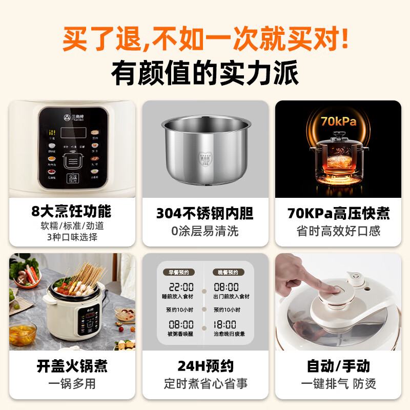 三角牌电压力锅家用单胆双胆2026新款多功能0涂层不锈钢高压饭锅5L6L 双胆【不粘胆+304不锈钢胆】 6L