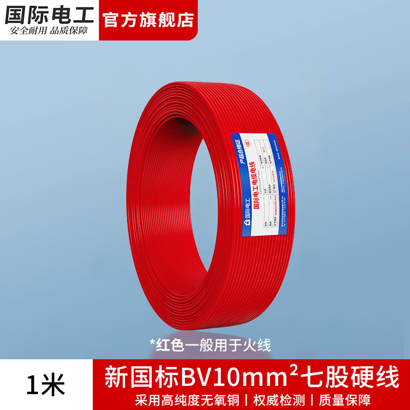 国际电工电线电缆国标家用铜芯电线ZC-BVR 1.5/2.5/4平方阻燃单芯火线铜线 红色BV10平方【1米】