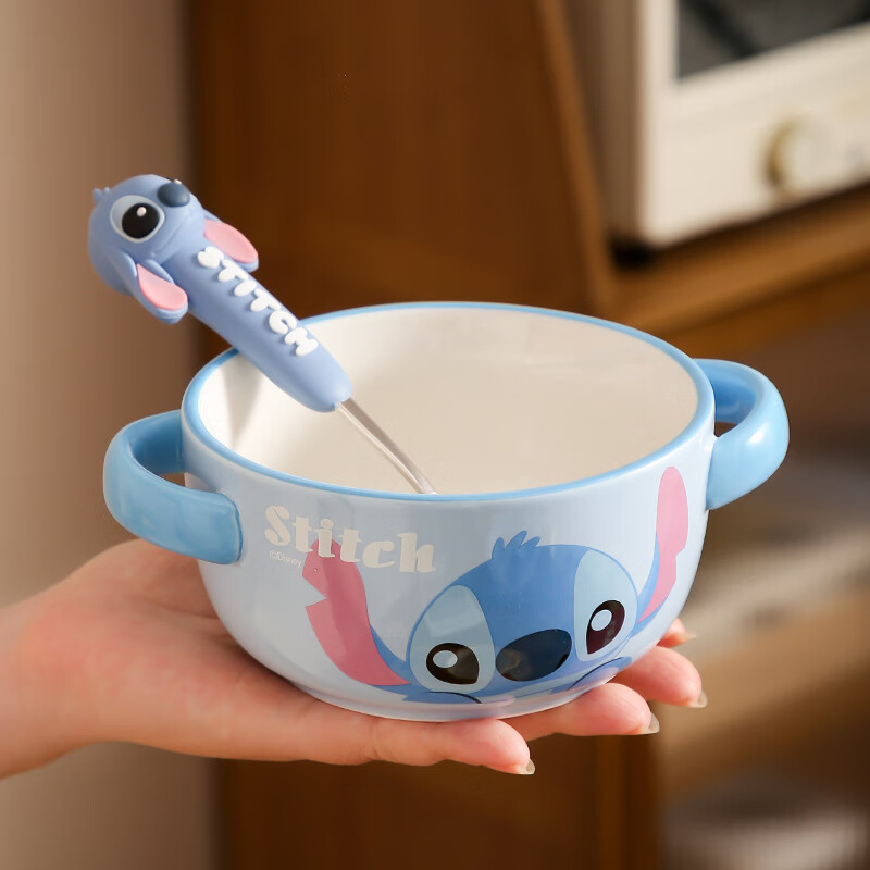精东家 儿童家用餐具迪士尼史迪仔双耳米饭碗可爱草莓熊陶瓷面碗汤碗 【史迪仔】双耳碗+304不锈钢勺