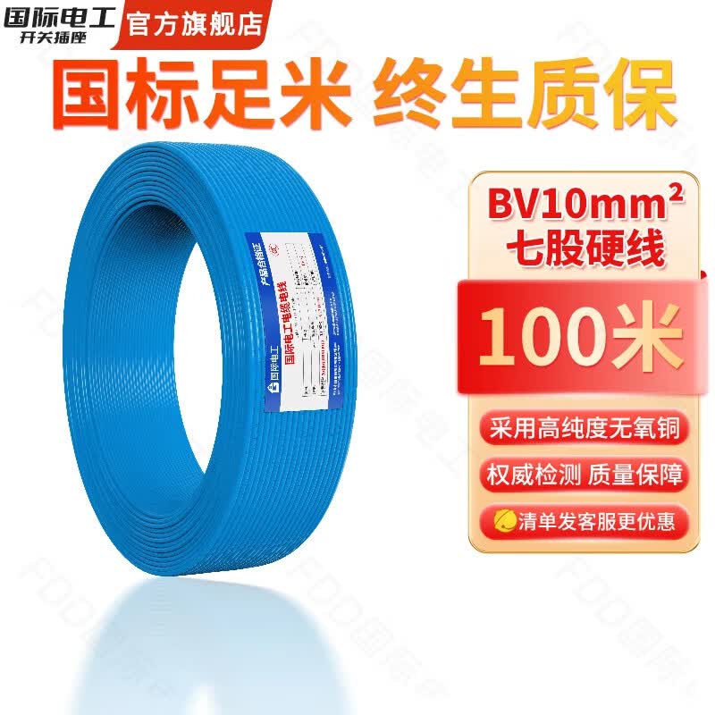 国际电工电线电缆线电源线铜芯家用BV2.5/4/6平方单股铜线电线国标单芯线 蓝色BV10平方【100米】