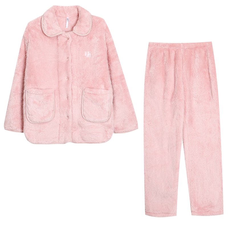 紅豆居家女士加絨加厚秋冬睡衣女可外穿保暖家居服 奶昔粉 S 160/84A