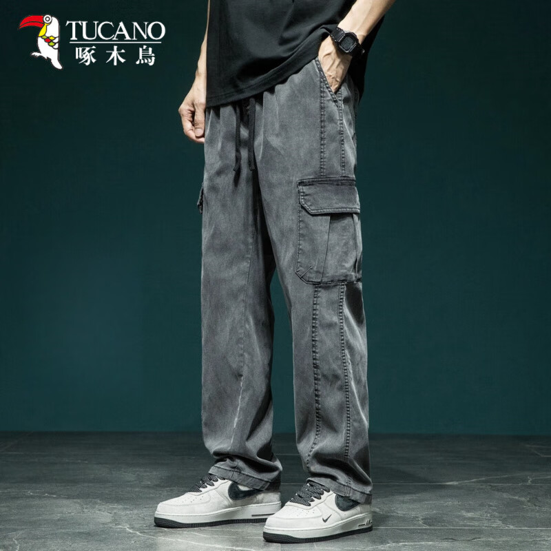 啄木鸟（TUCANO）2025夏季薄款工装裤子男士天丝直筒裤宽松大码运动夏天休闲裤男生 黑色 XL 【体重150至175斤】