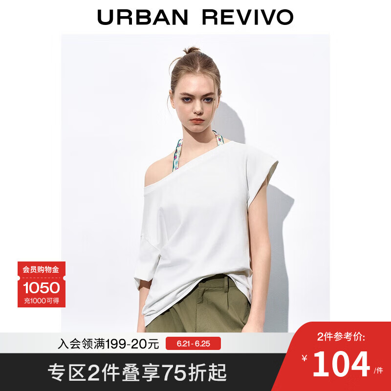 UR2025秋季新款女装时髦斜肩领卷边棉质宽松T恤UYL450158 本白 S