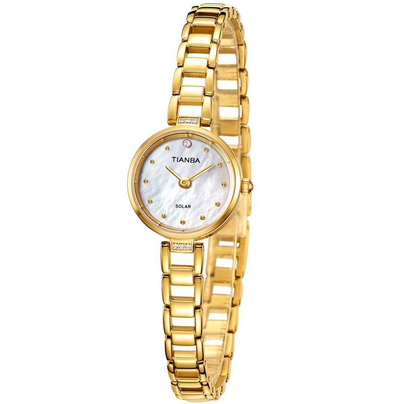 天霸（TIANBA）太阳能光能女表时尚贝母表盘手链表钢带小表盘女士防水手表TL9012 气质优雅金