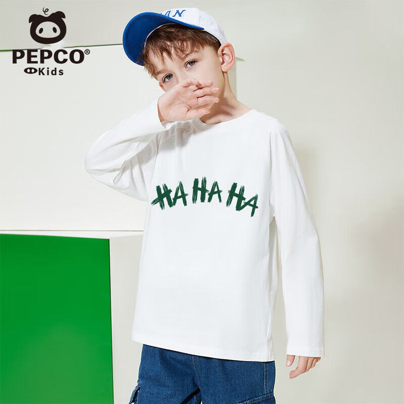 小猪班纳儿童长袖t恤男女童春秋款2025新款小男女孩上衣纯棉圆领打底衫 白J15哈哈哈 130 （建议身高120-130CM）
