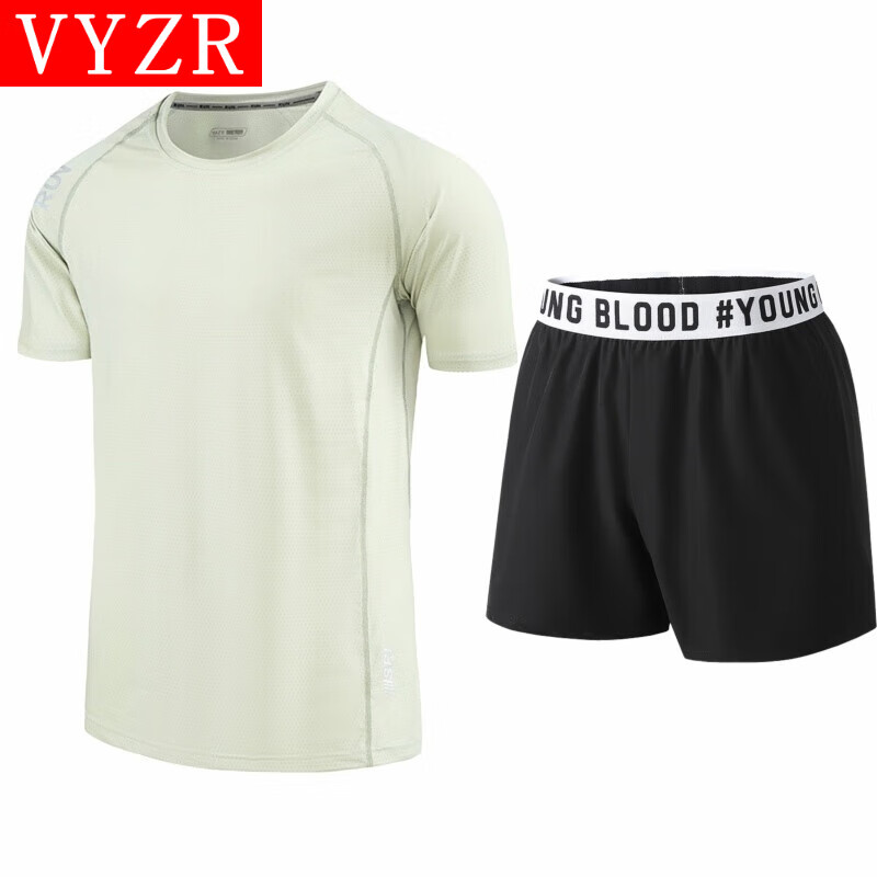 VYZR运动套装男冰丝跑步速干衣短袖t恤夏季新款健身羽毛球服训练短裤 浅绿色+黑色 M