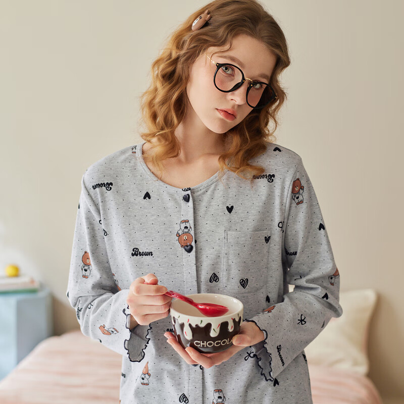 芬腾布朗熊睡衣女纯棉春秋季圆领开衫长袖可爱卡通全棉家居服套装 浅灰 XL 建议125-145斤