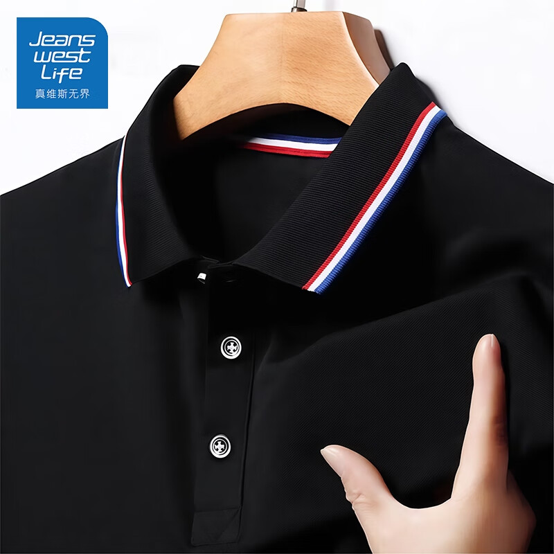 JEANSWEST LIFE真维斯夏季短袖POLO衫男女同款商务休闲通勤风上衣情侣款宽松衣服 黑色 2XL 建议体重130-150斤