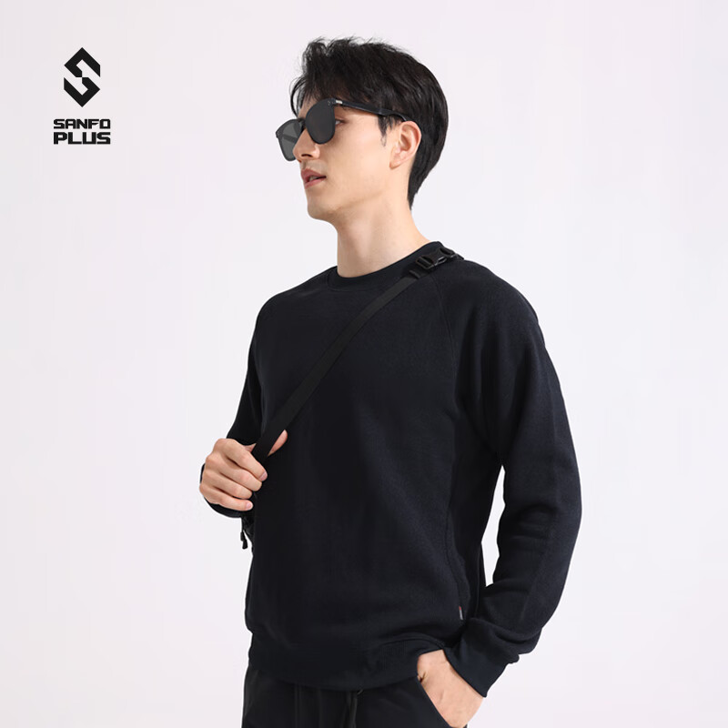SANFO PLUS三夫户外抓绒衣轻锋毛织圆领毛衣轻便保暖男秋冬户外运动卫衣 黑色 M