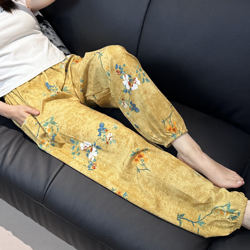 加长大码棉绸睡裤女士夏季薄款人造绵绸可外穿家居碎花长裤子宽松 繁花似锦 束脚款 2XL 裤长98 体重90-150斤