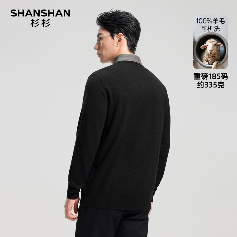SHANSHAN杉杉可机洗100%绵羊毛衫男秋冬厚款假两件翻领针织衫男士保暖毛衣 黑色 L /175