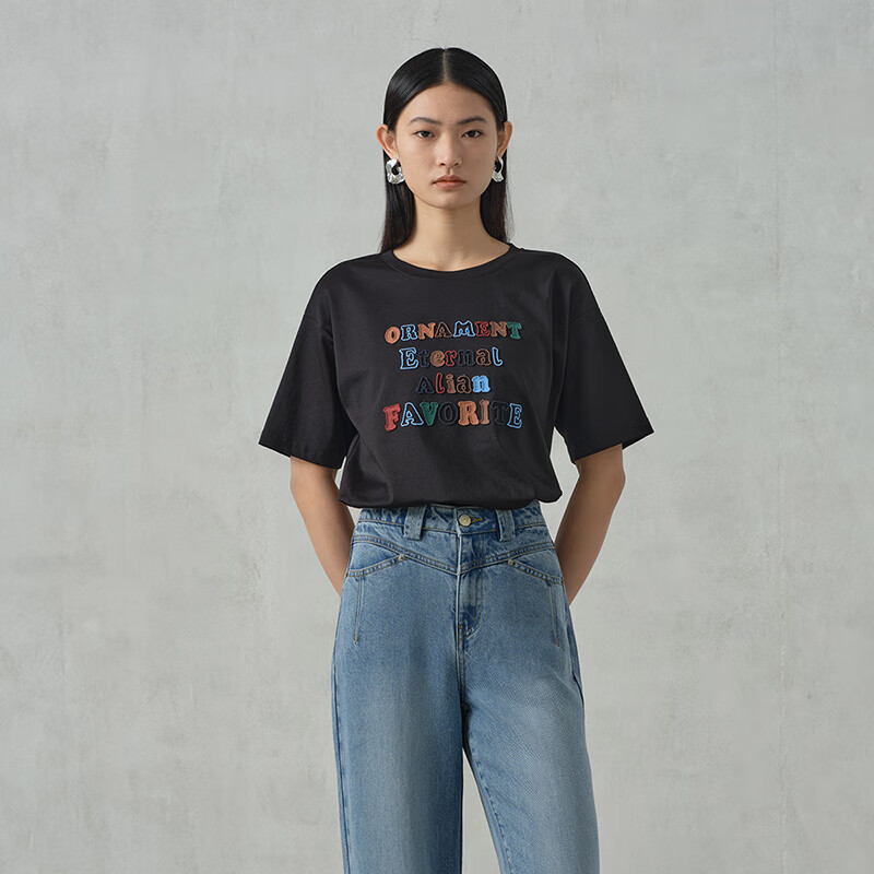 阿依莲【商场同款】时尚流行短袖T恤女夏季2025新款百搭圆领宽松上衣薄 黑色 S