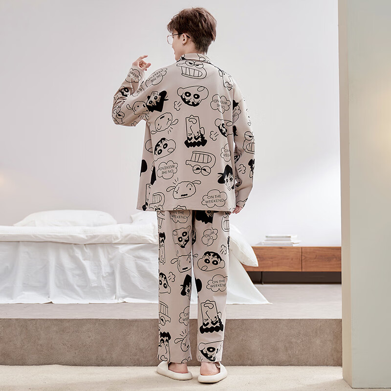 萧淑妃春秋季可外穿男士纯棉睡衣青少年学生卡通蜡笔小新开衫家居服套装 蜡笔小新 2XL