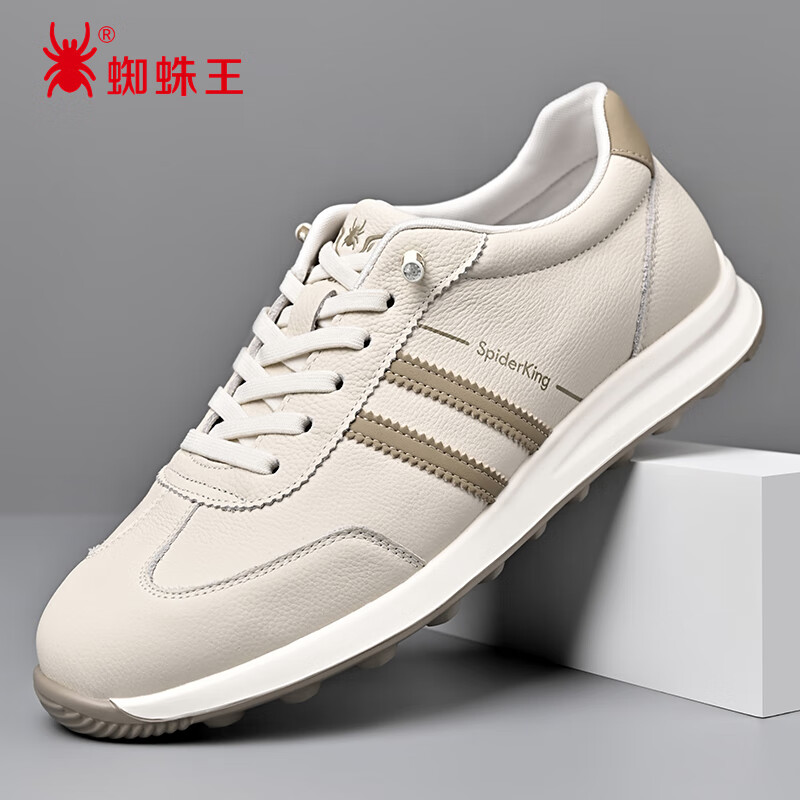 蜘蛛王男鞋阿甘鞋男秋季牛皮透气软底休闲运动男士德训鞋 白-卡其 42