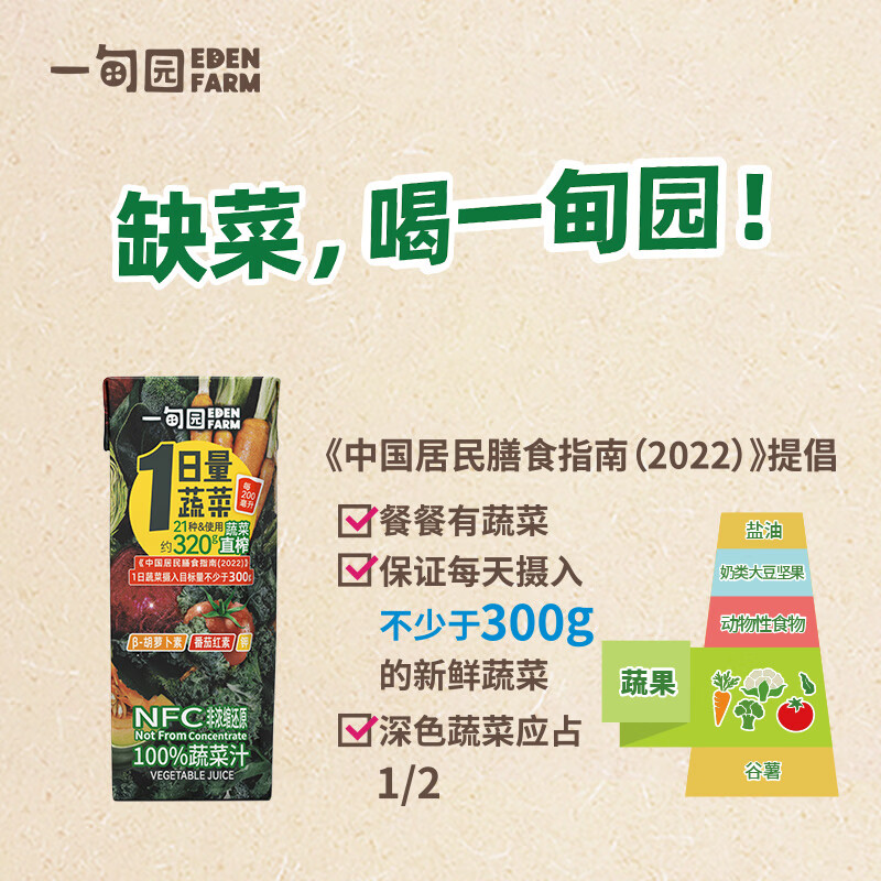 一甸园（Eden Farm）果蔬汁饮料NFC蔬菜汁番茄汁健康果汁儿童早餐饮品液体沙拉 100%NFC蔬菜汁200ml*10盒