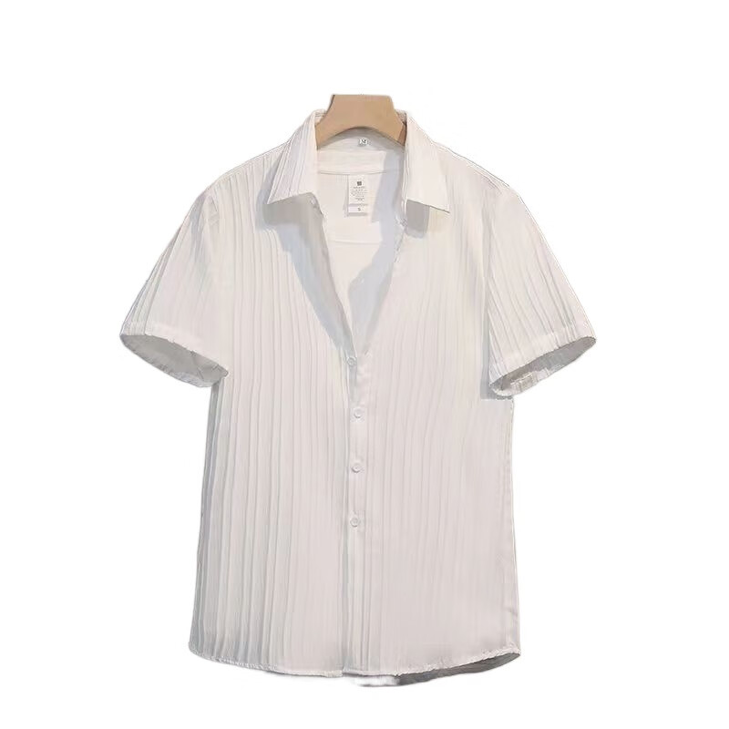 【严选】夏季薄款透气短袖衬衫男士条纹三分袖潮流痞帅白衬衣免烫 白色5 4XL 推荐165-180斤