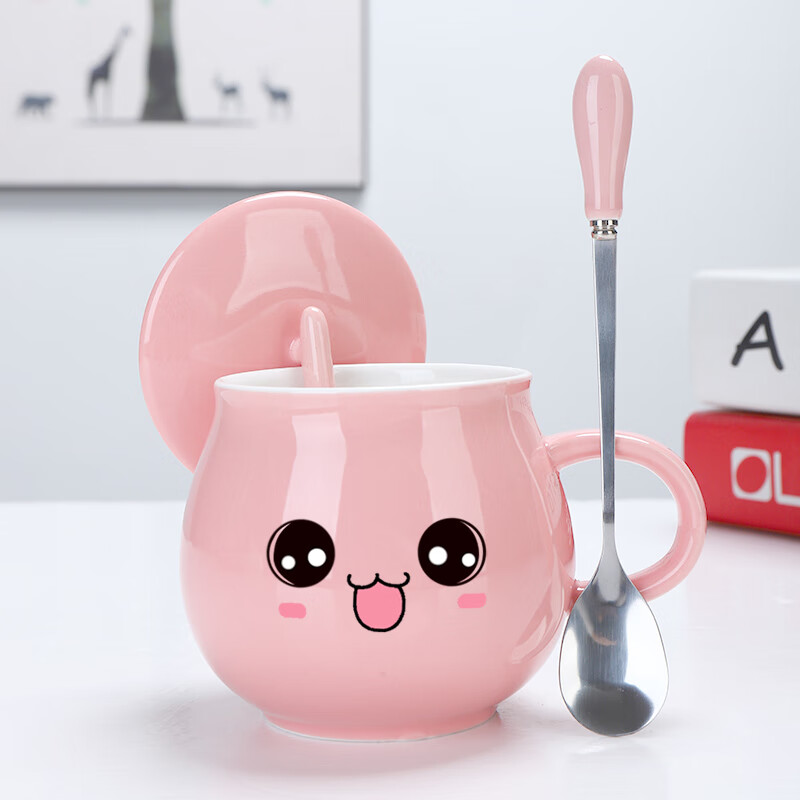 可爱陶瓷杯带盖子勺早餐杯水杯马克杯商务伴手礼带盖子勺咖啡杯牛 蝴蝶粉+盖瓷勺