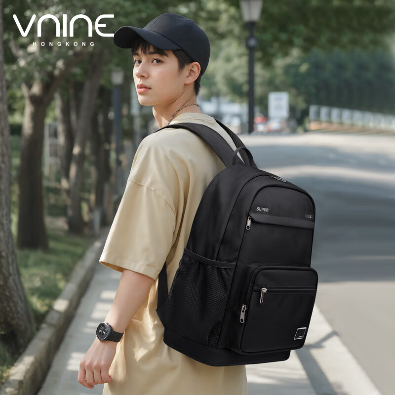 第九城(V.NINE)双肩包男生大容量背包女士简约百搭笔记本电脑包大学生书包 曜石黑