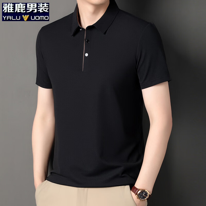 雅鹿男装长袖t恤男秋季新款翻领纯色宽松男士polo中老年爸爸装上衣 黑色短袖 3XL /185(建议165-180斤)
