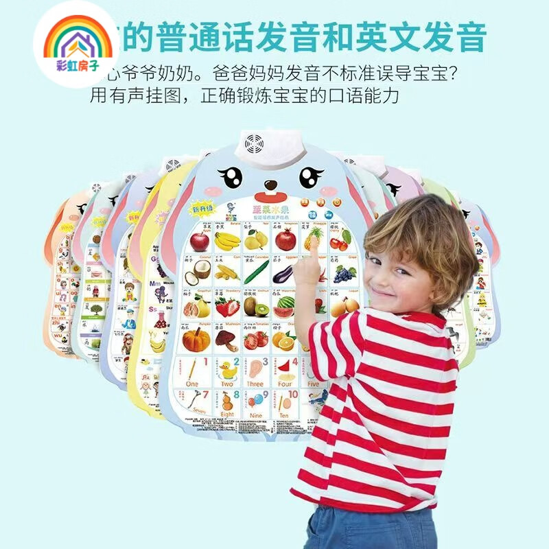 彩虹房子拼音有声挂图儿童认知早教发声儿童语音宝宝看图识字墙贴ZR 3张认识人物+水果蔬菜+英文字母