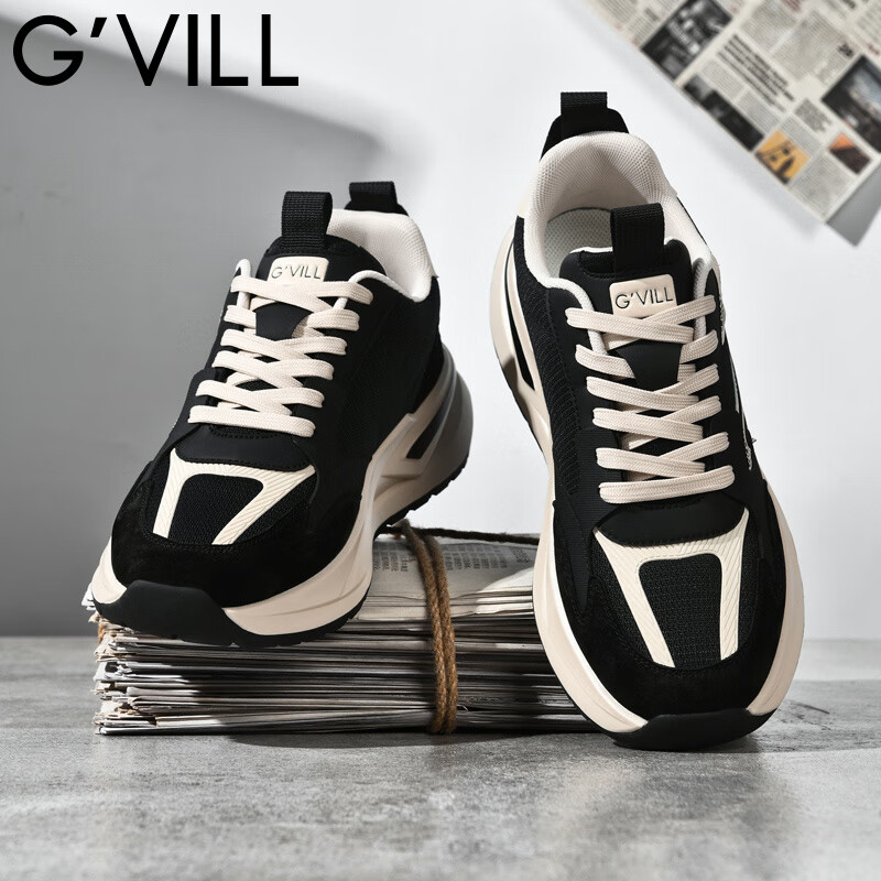 贵之步秋冬季新款舒适软底缓震防滑鞋男鞋厚底增高休闲运动鞋男款 黑杏 G020 42 （运动鞋码）