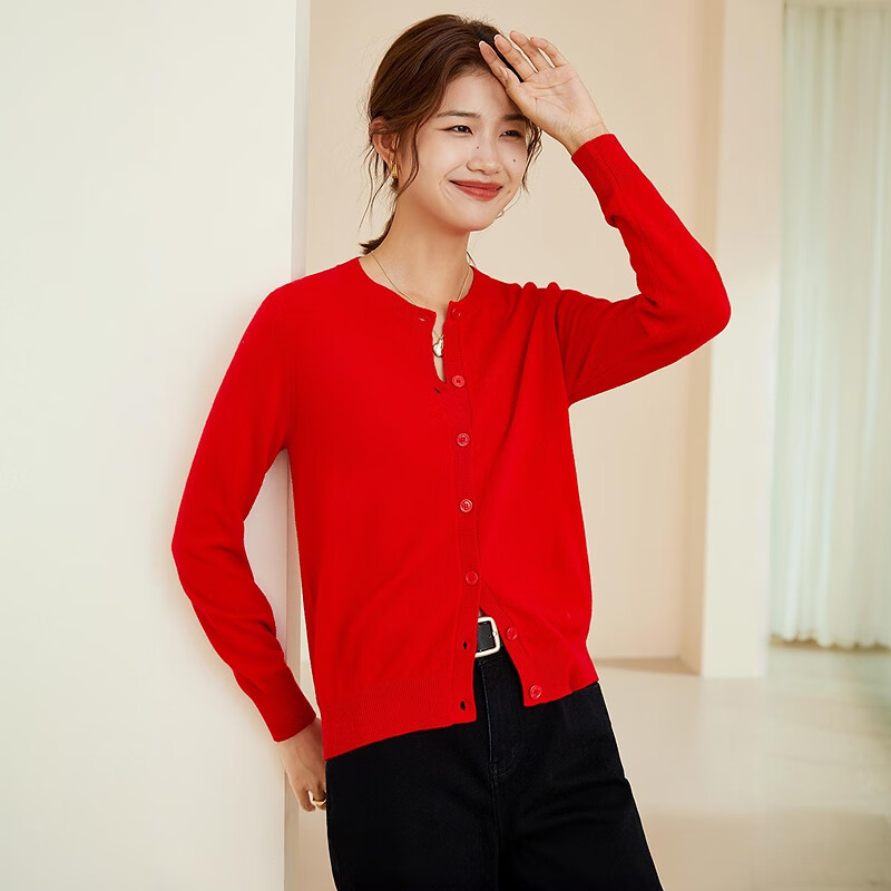 恒源祥纯色圆领羊毛衫女开衫秋冬新款毛衣外套时尚外穿纽扣insV领针织衫 中国红 XL /175/96A