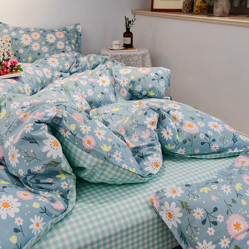 软贝 小清新四件套 透气亲肤 印花卡通简约田园套件被套床单床上用品 朵朵情怀-绿 2.0m 床单款 四件套(被套200*230cm)