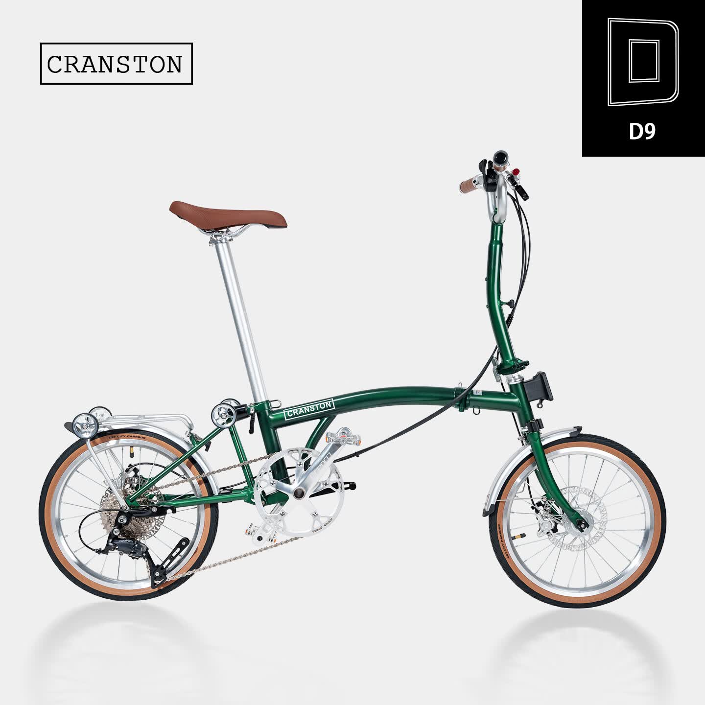 CRANSTON邮政绿 D9油压碟刹三折叠自行车成人超轻便携城市复古9速16寸单车 Postal Green/邮政绿M把 9速 16英寸
