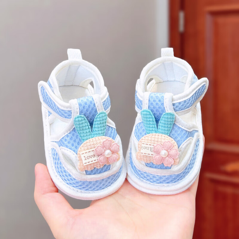 米嘟尔春夏季0-1岁宝宝软底步前鞋小童透气网面鞋3-6-12个月婴幼儿童鞋8 蓝色（休闲网凉鞋-樱花兔） 11 S 内长10.5cm 建议0-5月