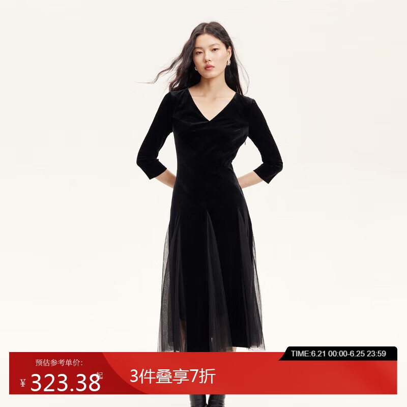 VEROMODA 連衣裙女2024早秋新款絲絨裙拼接網(wǎng)紗顯瘦小黑裙32437C028