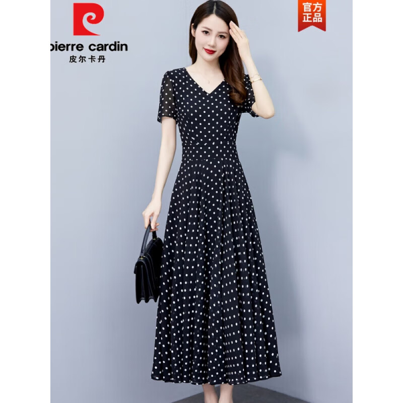 皮尔卡丹波点雪纺长款连衣裙女夏2025新款高端中年妈i妈显瘦气质洋气 黑色 M