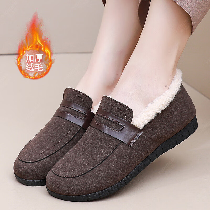 意迪森冬季新款加绒加厚保暖棉鞋一脚蹬毛毛鞋老北京布鞋中老年妈妈鞋 黑色 加绒 37 (235mm)