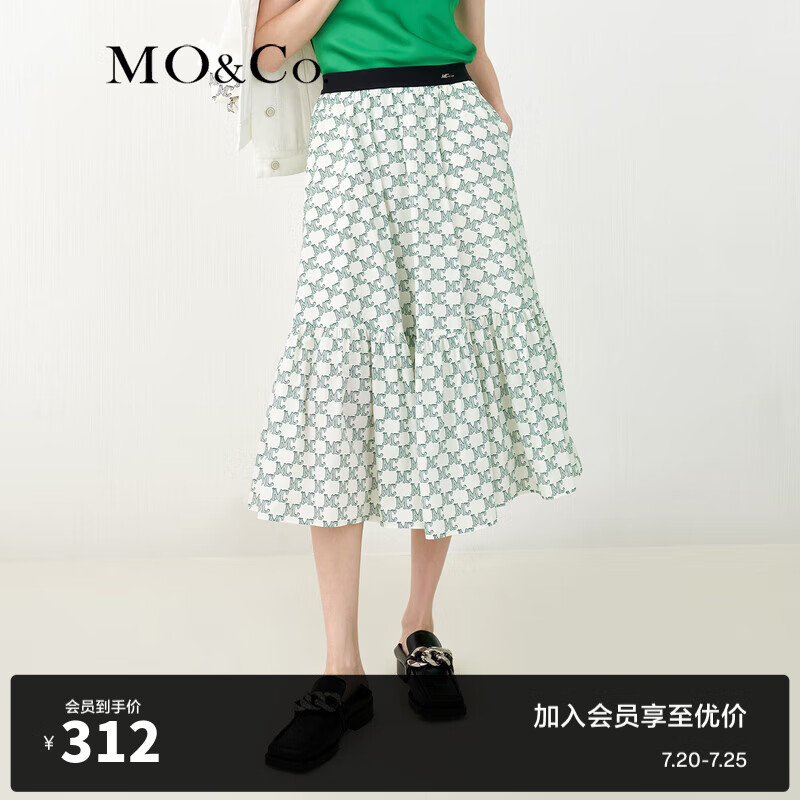 春季老花logo橡筋高腰半身裙蛋糕裙mbb1skt022摩安珂 绿白混色 m/165