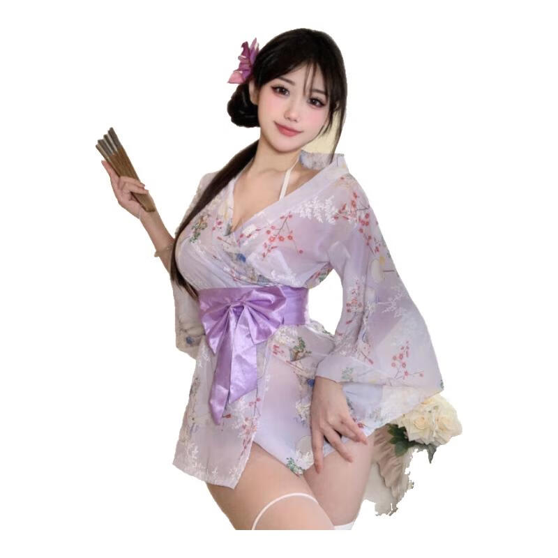 性感大码情趣内衣调情高档户外可穿丝袜和服sm羞耻大尺度房事战袍 紫色和服+白丝袜 均码(80-130斤)