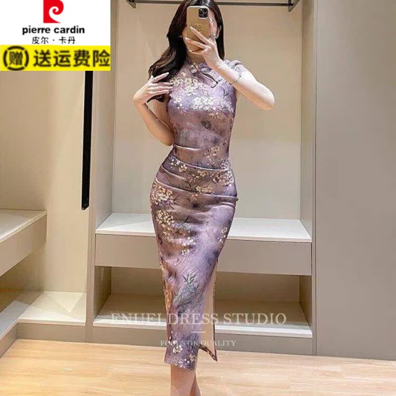 皮尔卡丹(pierre cardin)新中式国风紫色改良旗袍女夏新款气质复古印花盘扣修身开叉连衣裙 绿色长款 L