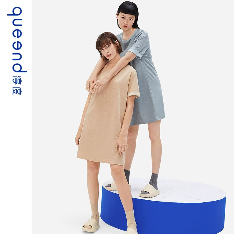 淳度新款女士睡衣裙睡裙夏短袖中長(zhǎng)款睡衣涼感裙子薄款 香檳杏 S