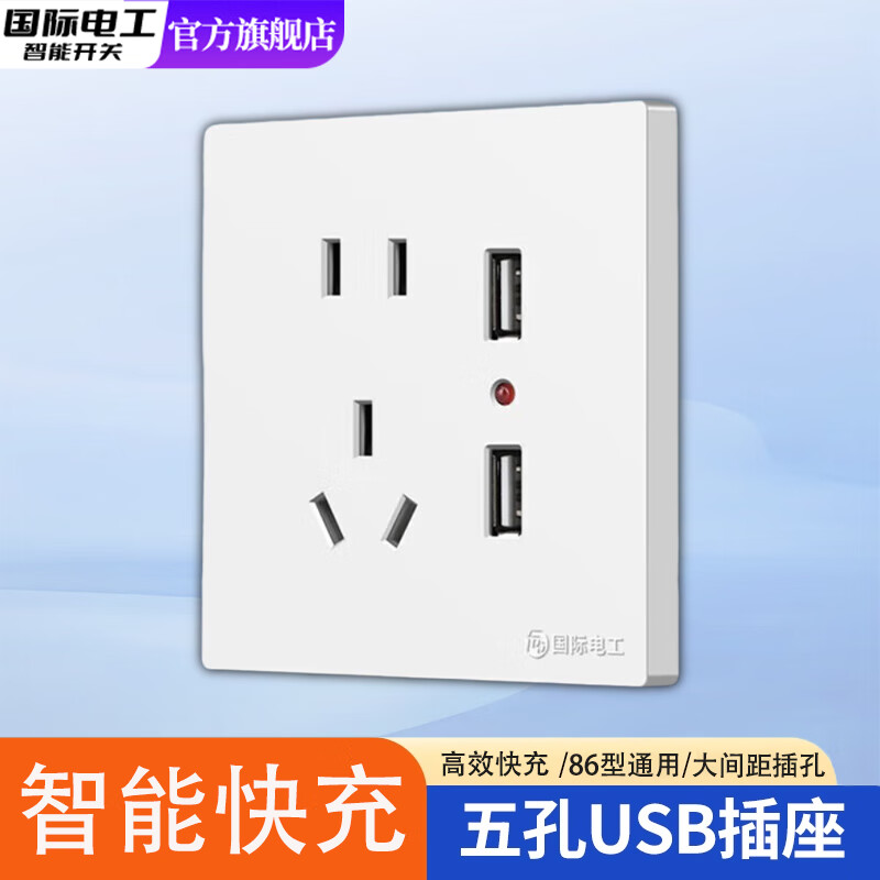 国际电工酒店宾馆墙壁ktv五孔插座双USB带数据线开关手机多功能充电器面板 白色五孔双USB