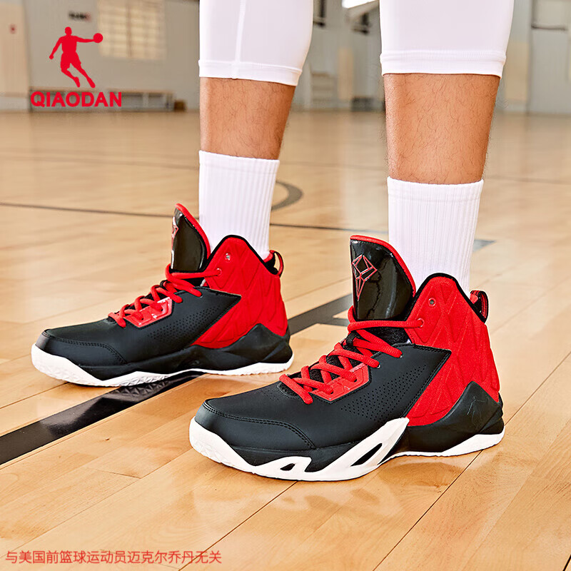 乔丹专业实战篮球鞋男鞋2025冬季新款皮面防水高帮减震防滑耐磨运动鞋 黑色/番茄红 42