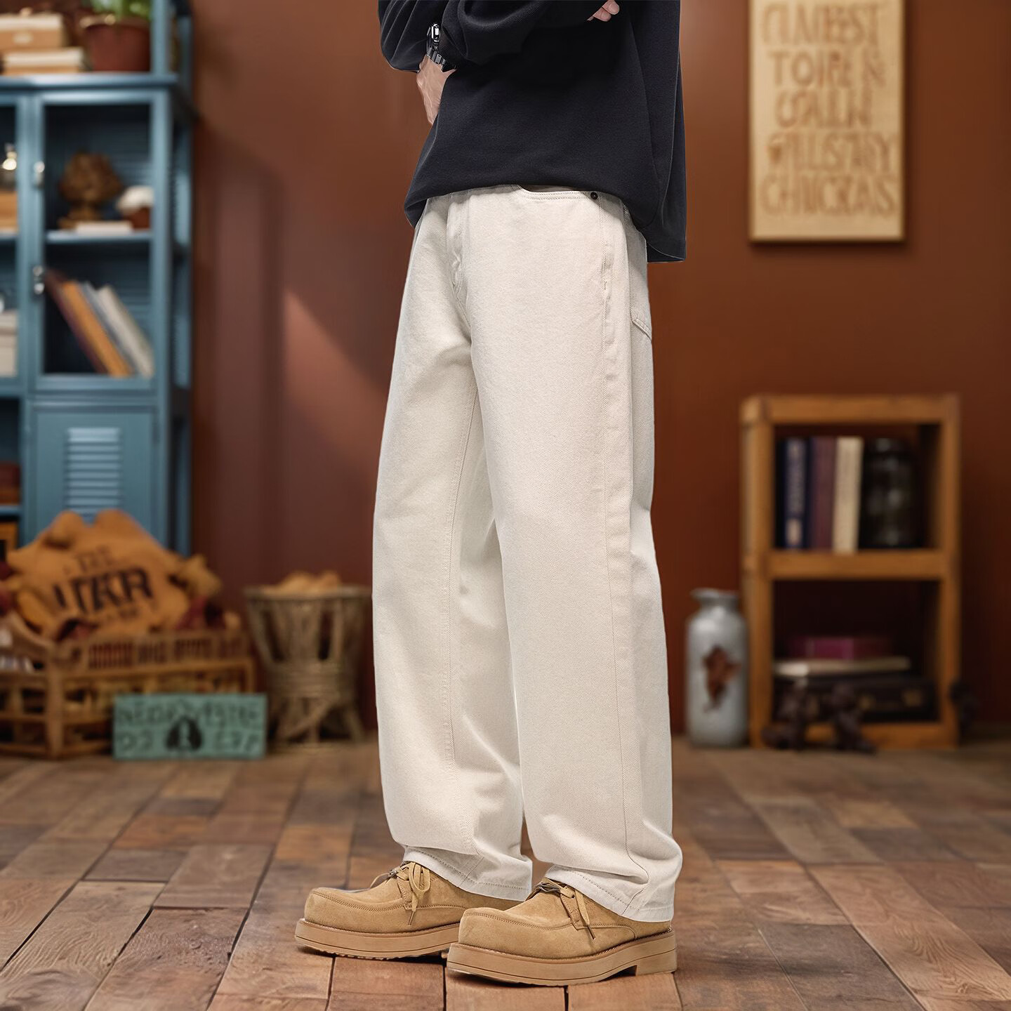 美式cleanfit纯棉白色直筒牛仔裤男潮牌宽松高街百搭阔休闲长裤子 米色 8612 四面弹 38 建议196-210斤