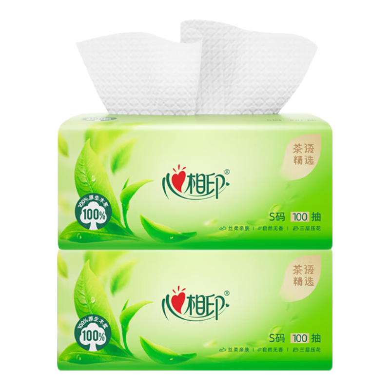 心相印抽纸茶语丝柔亲肤自然无香母婴适用餐巾纸加大加厚擦嘴纸手纸大包 3层 100抽*2包