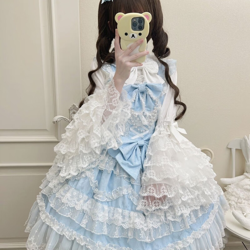 翱?jī)?yōu)Lolita洋裝華麗花嫁jsk吊帶連衣裙女可愛甜美蓬蓬裙 藍(lán)色jsk+白內(nèi)搭+尾翼+飛機(jī)盒 L (105斤-120斤)
