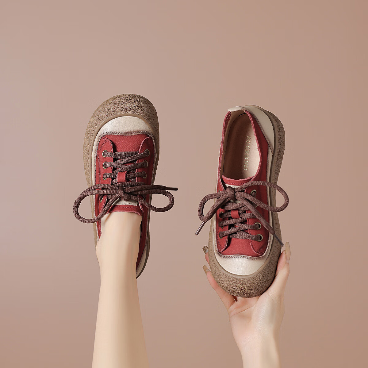 波尔谛奇（BOERDIQI）2025新款复古增高拼色舒适休闲运动板鞋百搭大头女鞋子 红色 39