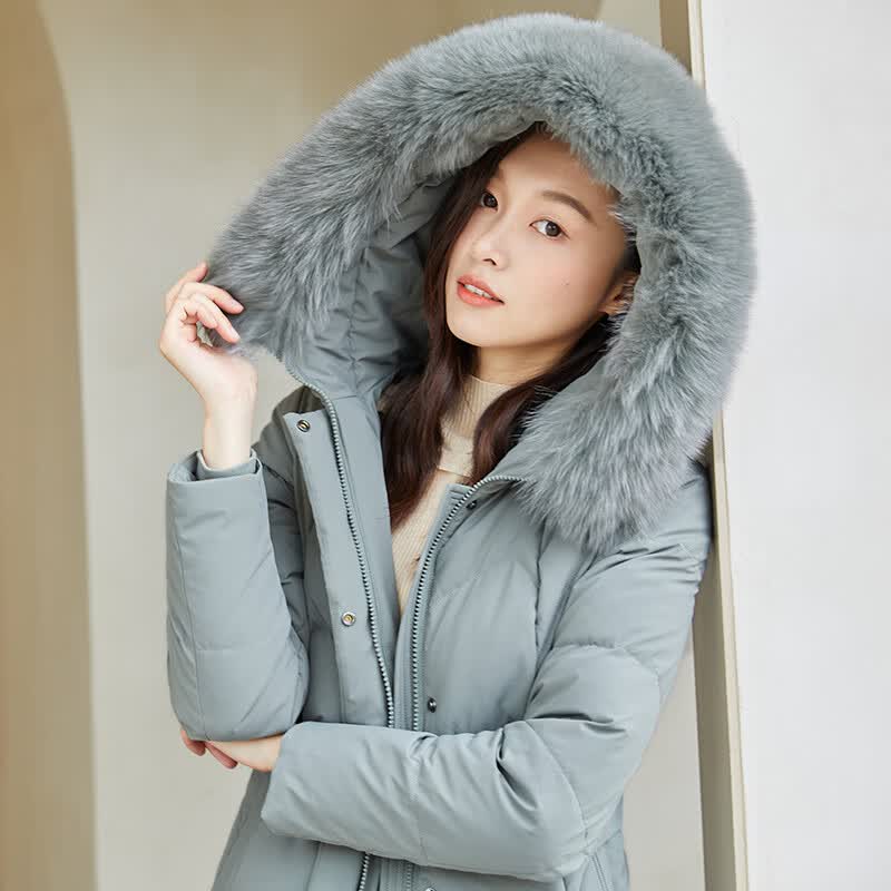 千仞岗秋冬季长款连帽羽绒服女士狐狸毛领百搭休闲外套时尚保暖防寒服 尼加拉蓝 M (165)