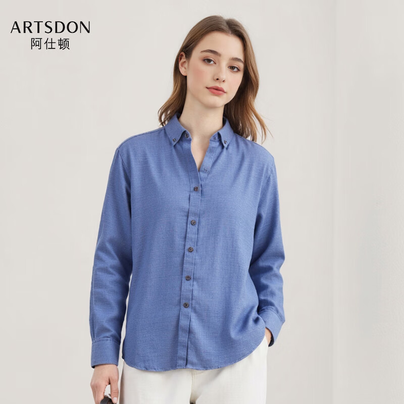 阿仕顿（ARTSDON）2025春秋女士新款时尚简约舒适磨毛格纹长袖衬衫 蓝灰格纹 M 推荐75-105斤