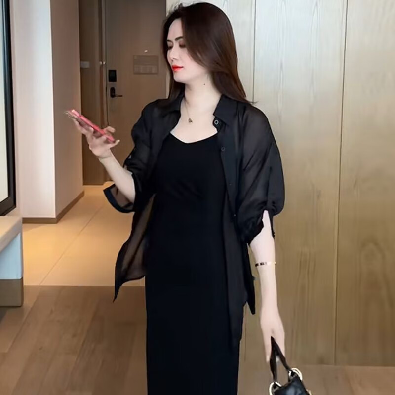 夏季小众设计感大码防晒衬衫女夏款薄款外套衬衣2025新款雪纺衬衫 黑色 XS