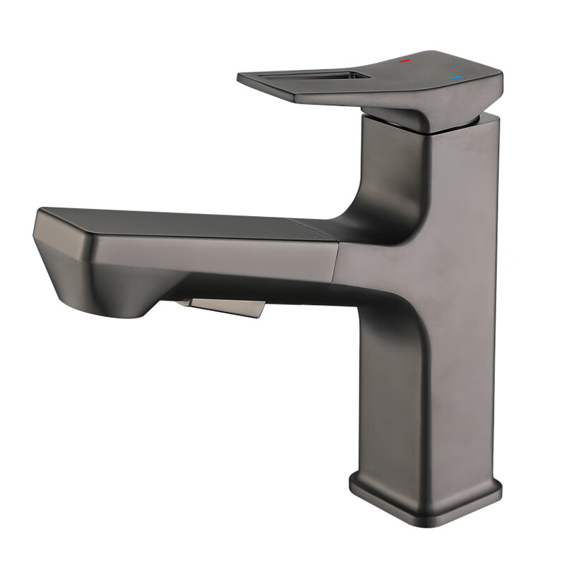 全铜面盆抽拉冷热水龙头卫生间浴室梳洗台浴室柜浴 方形款拉丝枪灰色