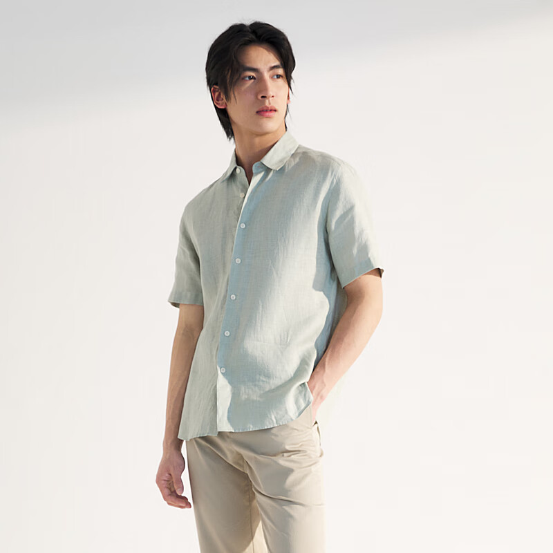 汉麻世家（HANP）【汉麻】HANP男士休闲尖领短袖衬衫24春夏透气舒适简约衬衣男 豆沙绿 S 165_88A
